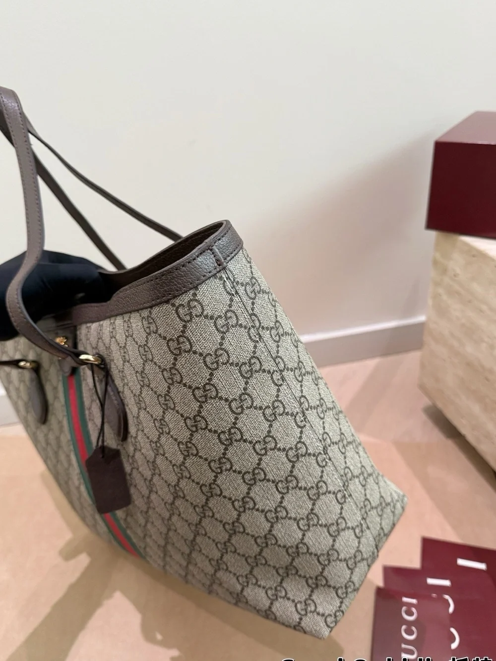 Gucci Ophidia Beige GG Canvas Tote with Green and Red Stripe